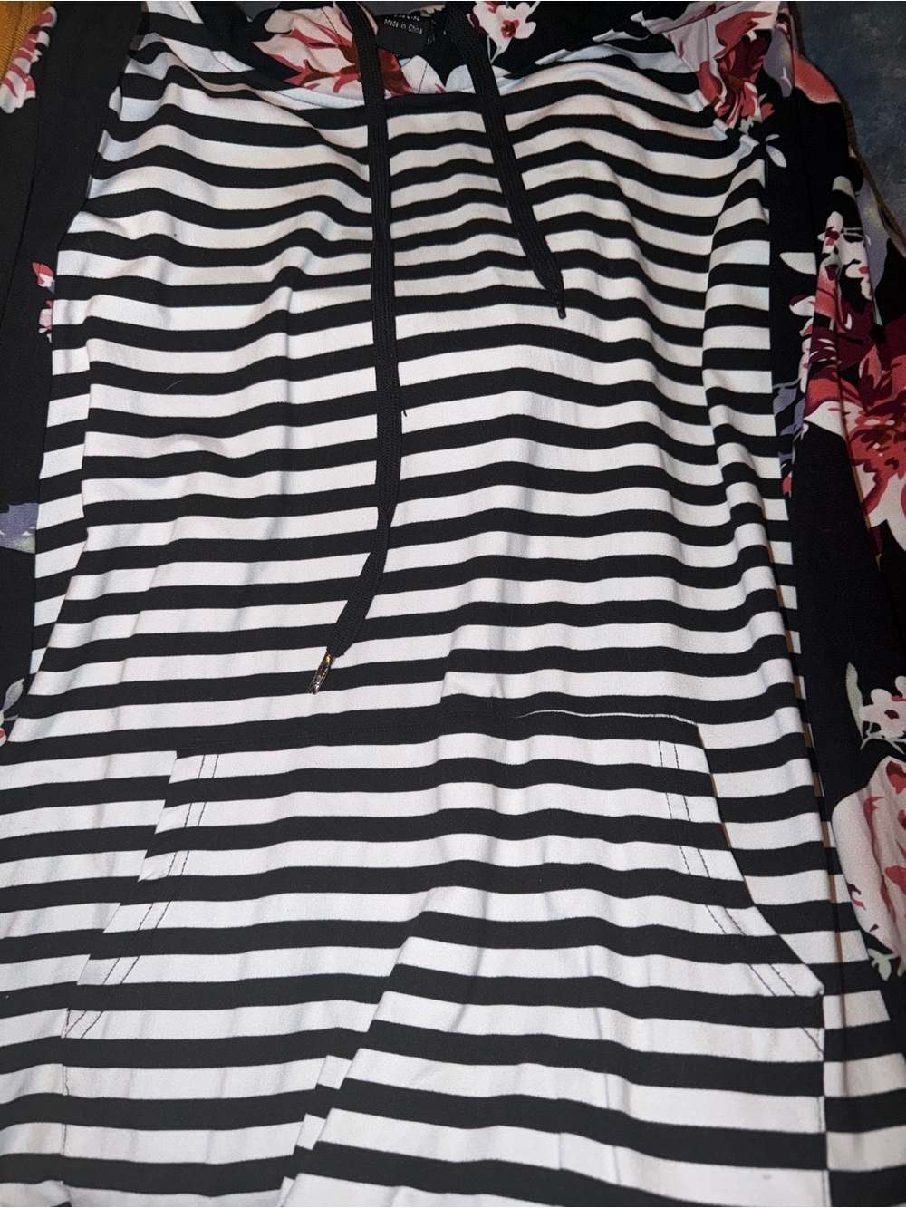 Striped Black and White Hoodie with Floral Sleeves